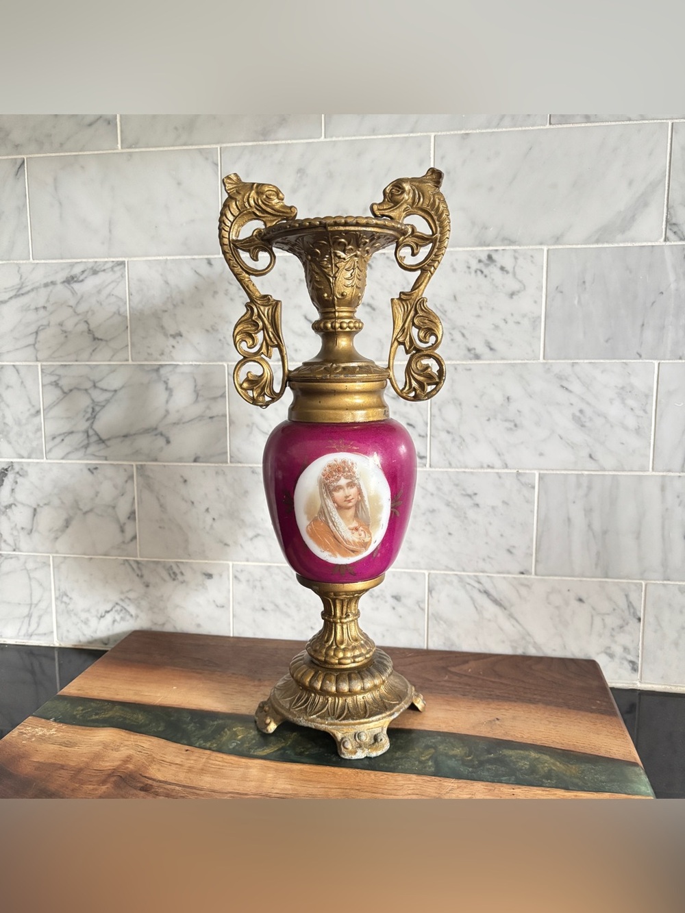 Antique Vintage Art Nouveau Sevres Style Ceramic French Portrait Brass Urn